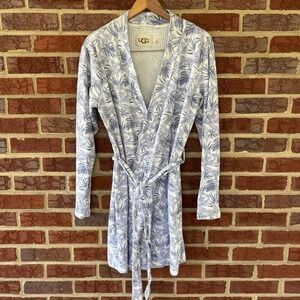 Ugg Periwinkle Blue‎ Floral Robe Pockets Tie Belt Short Jersey Rib Knit Size L